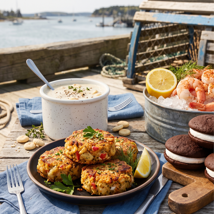 Wharfside Fare — Crab Cakes, Clam Chowder, Jumbo Shrimp & Whoopie Pies