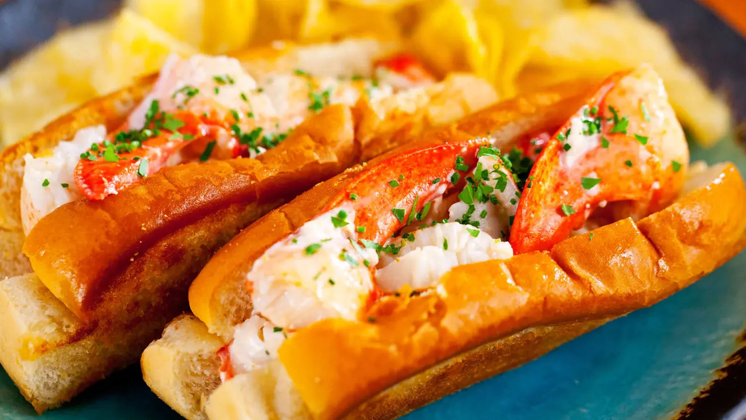 Maine lobster rolls in toasted buns, topped with herbs and served with potato chips.