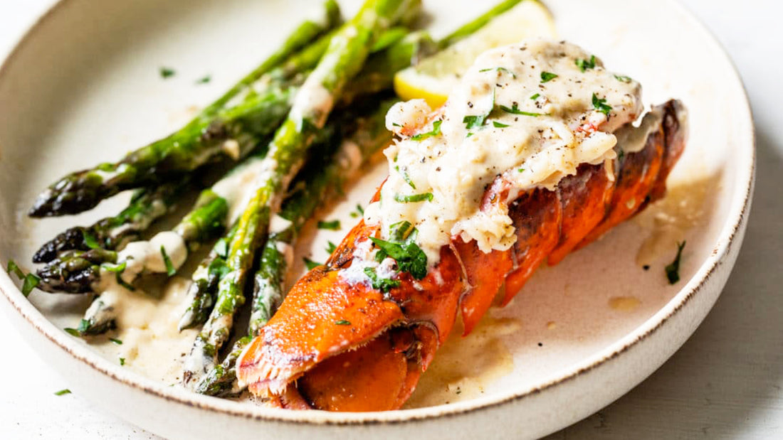 Maine Lobster Tails with Creamy Lemon Parmesan and Asparagus Recipe image by Get Maine Lobster