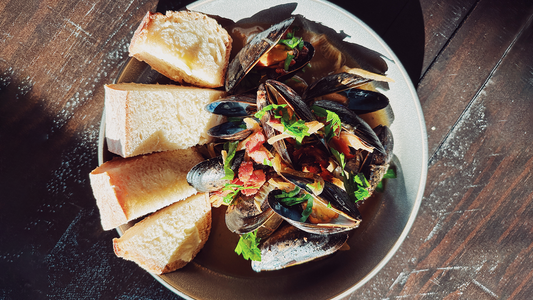 Beer-Braised Mussels with Caramelized Onions & Bacon