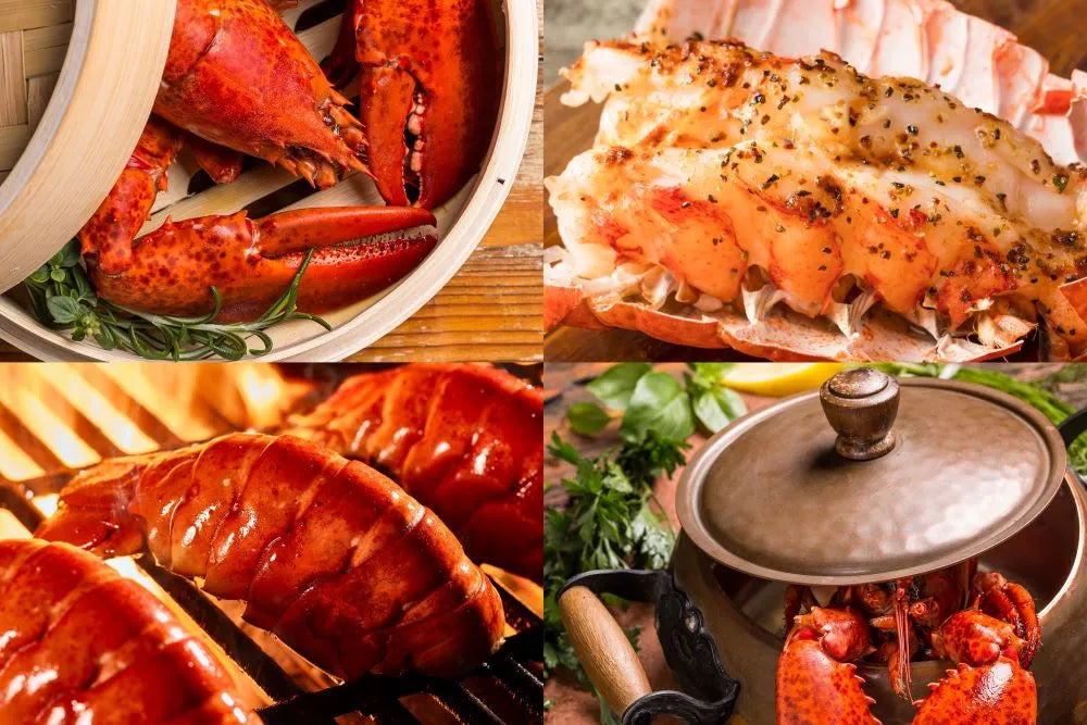 A collage of steamed, baked, grilled, and boiled lobsters