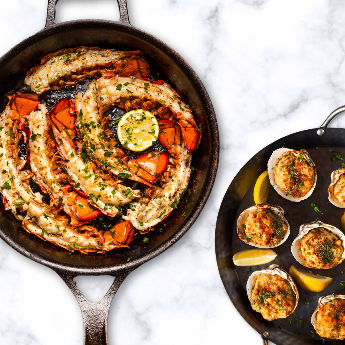 Buy One, Get One Maine lobster tails paired with stuffed clams, featuring premium seafood for a delicious gourmet meal.