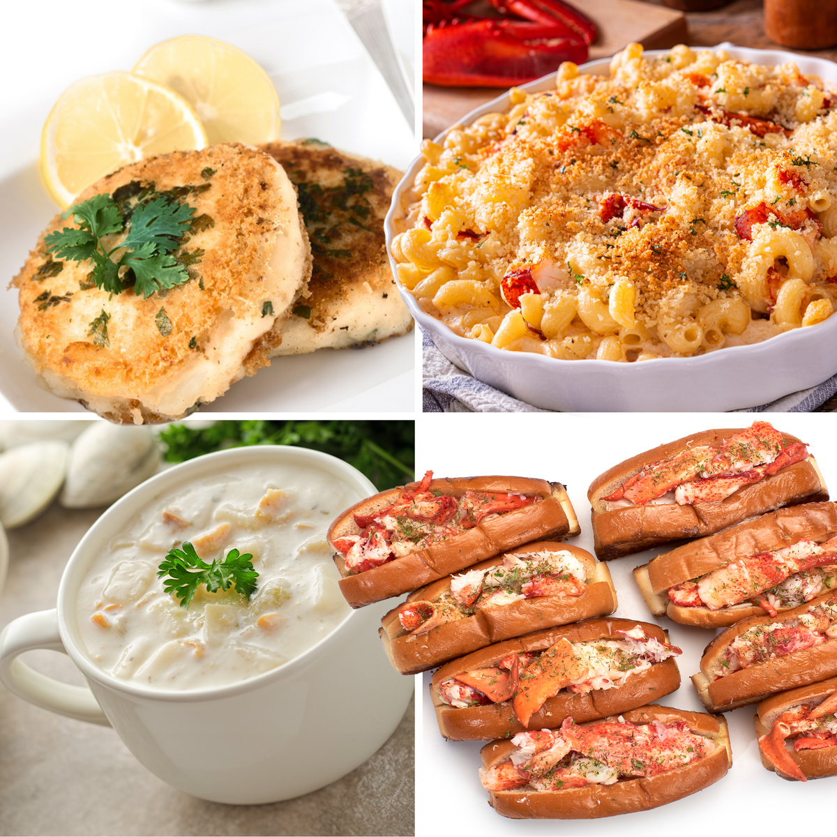 Delicious New England seafood dishes including crispy crab cakes, creamy lobster mac and cheese, rich clam chowder, and buttery lobster rolls—classic coastal flavors perfect for seafood lovers.